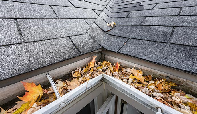 Clogged roof gutter corner filled with leaves and debris causing blocked water flow