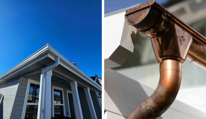 Collage of aluminum and copper gutters