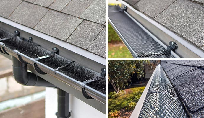 Collage of bottle brush guards micro mesh and reverse curve gutters