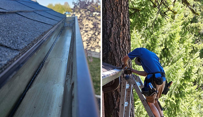 Collage of a clean roof gutter and an expert repairing a damaged gutter system