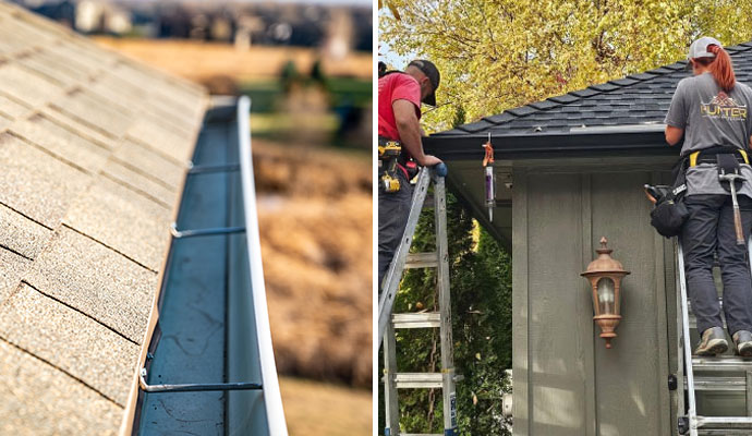 Collage of clean gutter system and professional gutter repairing service