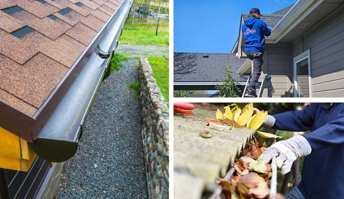 Collage of clean and bright gutter, gutter inspection and debris removal service