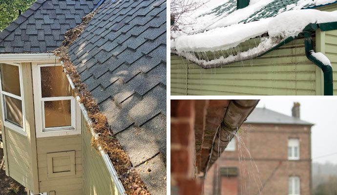 Collage of clogged gutter, snow blocked gutter, and leaking gutter issues
