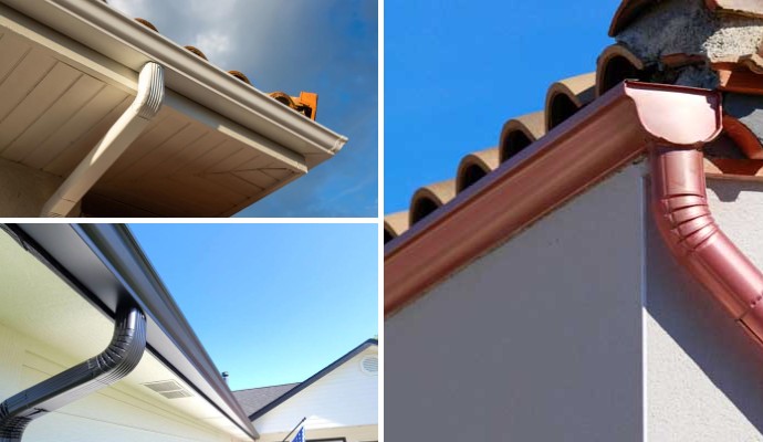 Collage of aluminum, seamless, and copper gutter systems