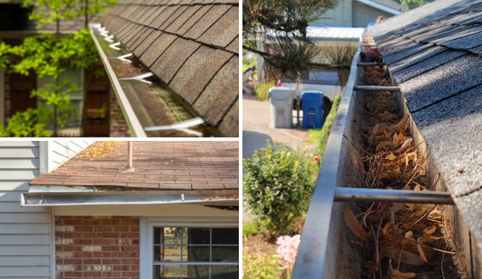 Collage of water overflowing from gutter, sagging gutter and dirty gutter