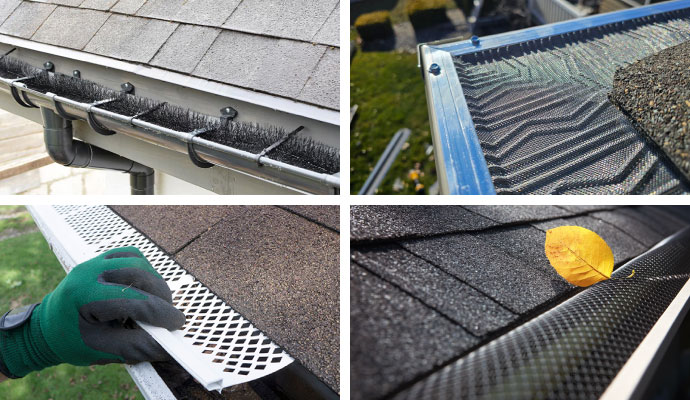 Collage of different types of gutter guards and roof edge protection details