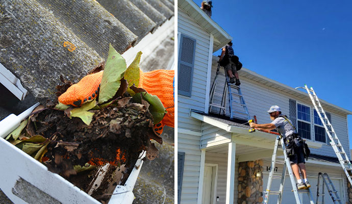 Collage of dirty gutter and repairing service