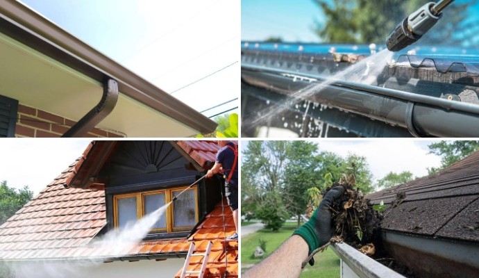 Collage of gutter brightening power wash soft wash and debris twigs removal