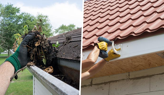 Collage of gutter cleaning and installation services