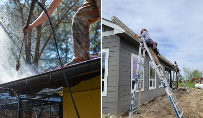 Collage showing professional gutter cleaning and installation services