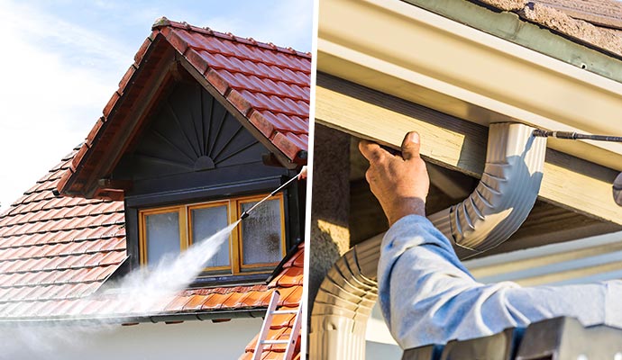 Collage of gutter cleaning and installation services