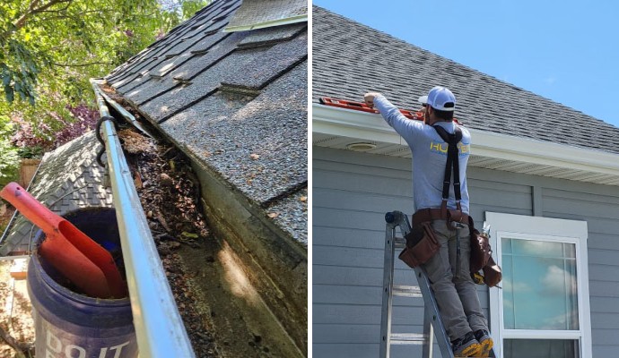 Collage of gutter cleaning and installing