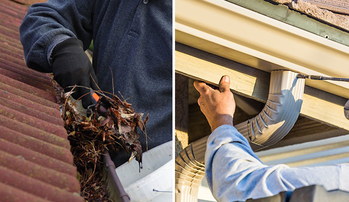 Collage of a person cleaning leaves from a roof gutter and repairing gutter system