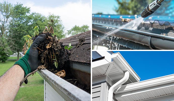 Collage of gutter cleaning power wash and clean downspout