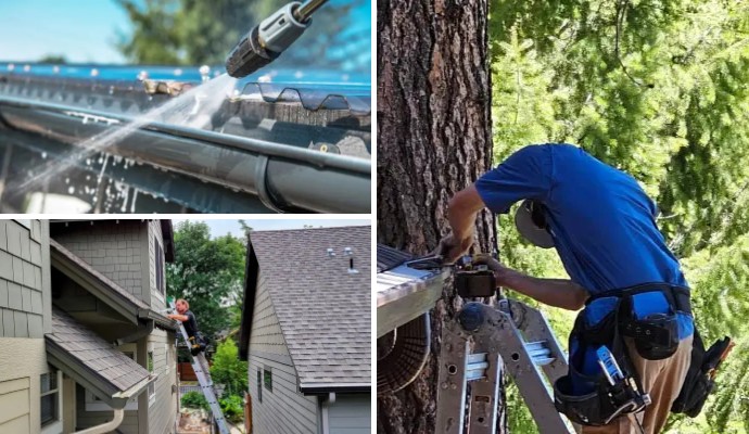 Collage of gutter cleaning, repairing and installation service
