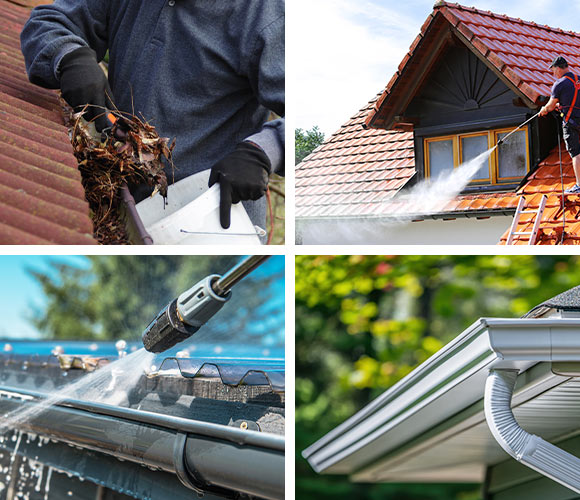 Collage of gutter debris removal, soft wash, power wash and a clean and bright gutter