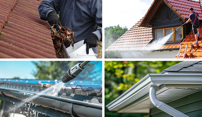 Collage of gutter debris removal, soft wash, power wash and a clean and bright gutter