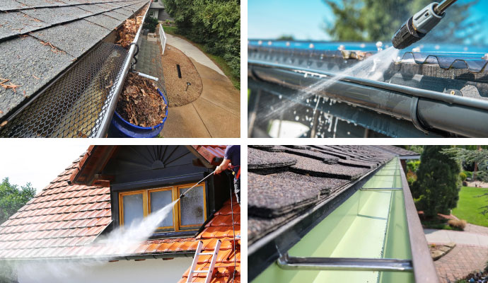 Collage showing a gutter filled with debris, gutter soft and power washing service and bright gutter