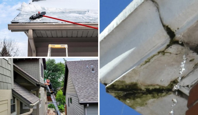 Collage of gutter snow removal, gutter repairing and water leaking from gutter