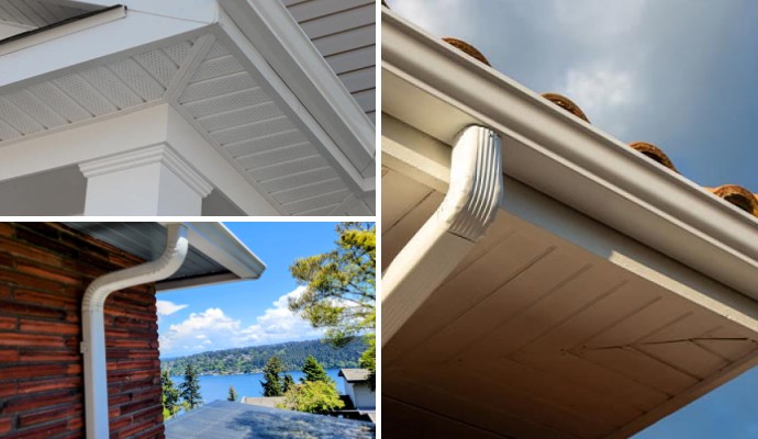 Collage of installed fascia, downspout and seamless gutter