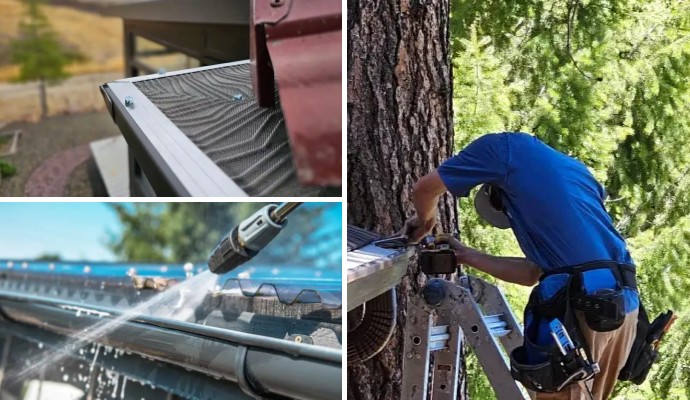 Collage of installed gutter guard, gutter cleaning and installation service