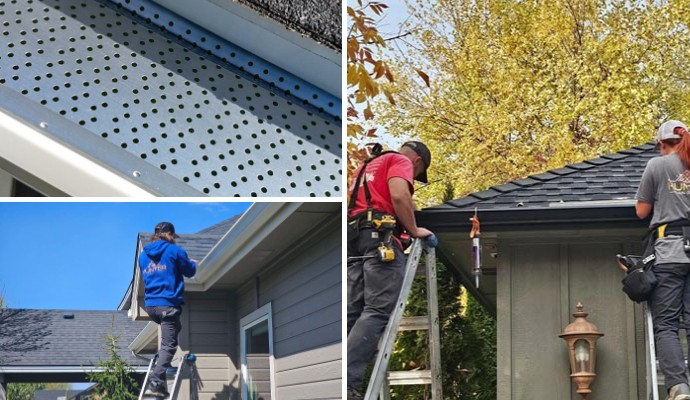 Collage of installed gutter guard, gutter repair and installation service