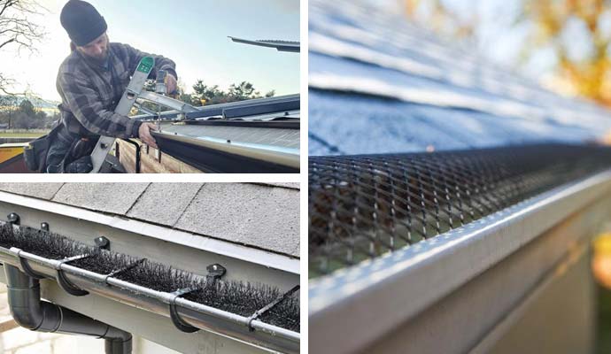 Collage of leaf guards, bottle brush gutter guards, and foam gutter guards