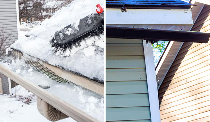 Collage of a snow-covered roof gutter and a damaged gutter system