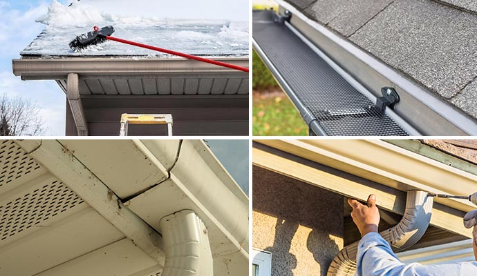 Collage of snow removal, clean gutter, broken gutter and downspout repair