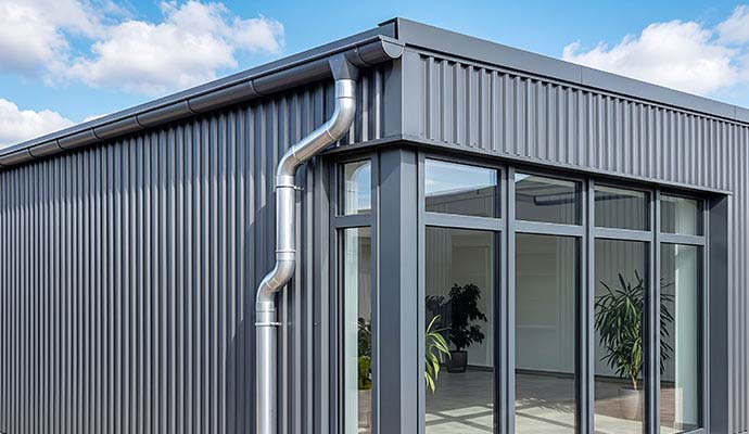 Commercial property with installed silver metal gutter downspout system