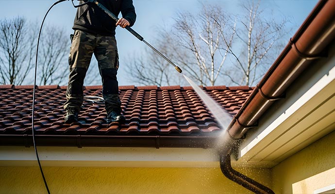 A man is softwashing of a residential gutter