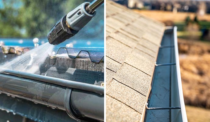 A split image showing pressure washing of gutters and clean, well-maintained gutters after professional cleaning services.