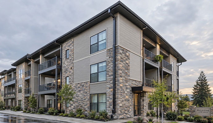 Apartment building with installed gutter system