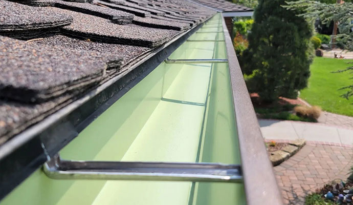 Clean, debris-free seamless rain gutter on a residential house