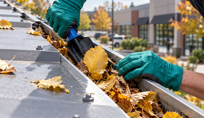 Cleaning leaves from gutter system of a retail building