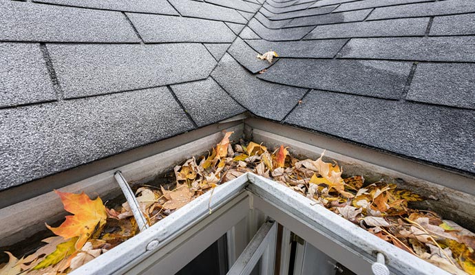 Clogged roof gutter corner filled with leaves and debris.