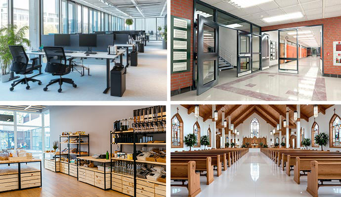 Collage of an office space, school hallway, retail store, and church interior