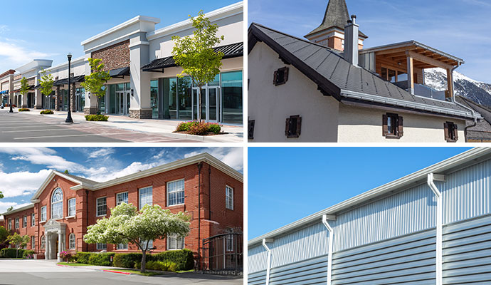 Collage of commercial properties including retail stores, a church, a school, and a warehouse with clean gutters