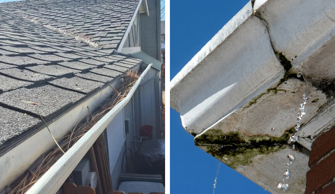 Collage of common signs of clogged and leaking gutters