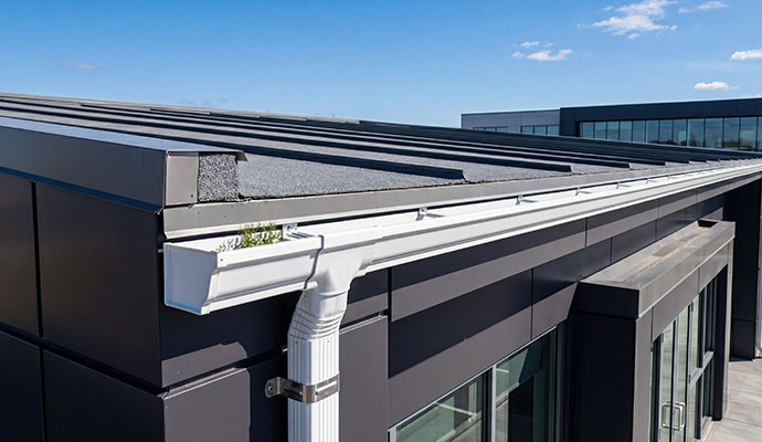 Commercial roof gutter with debris