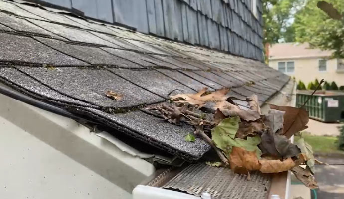 A house gutter filled with debris and water