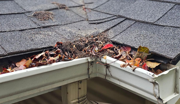 Gutter damaged by hail and debris
