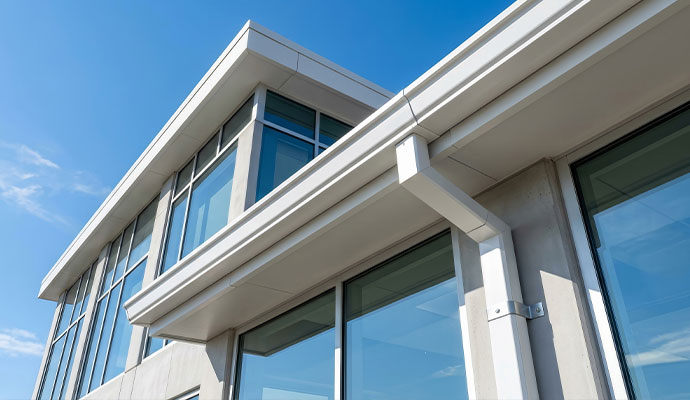Gutter installed on a modern commercial glass building