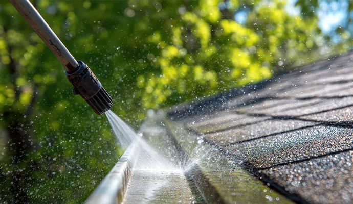 A person using a pressure washer to clean the gutters