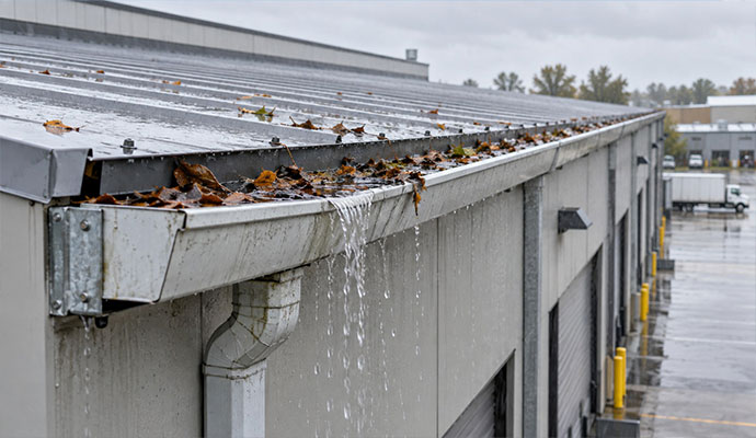 Industrial building with clogged gutter spilling water
