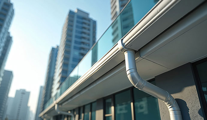 Sleek metal gutter installed on a modern apartment building