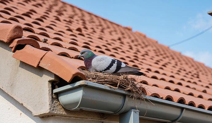 Pigeon in a twig nest built directly inside a roof gutter