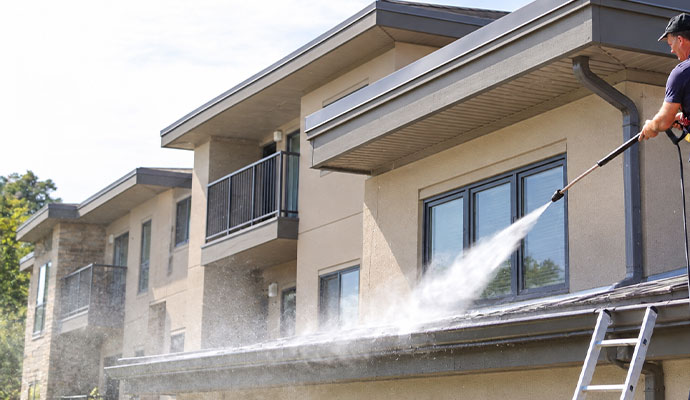 Power wash service for gutter system of apartment building