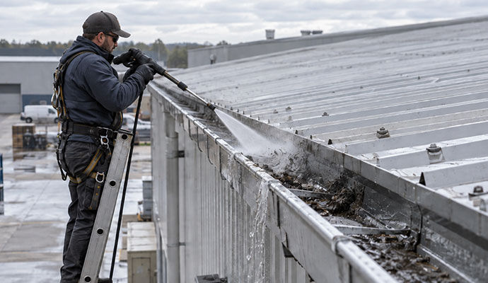 Power wash service for industrial building gutter system