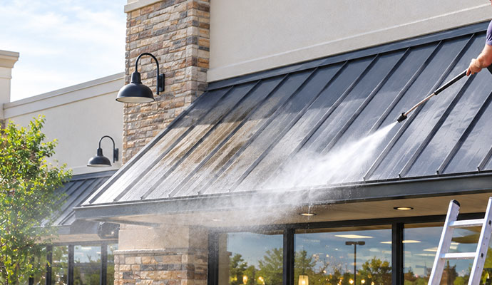 Power washing a retail building gutter system